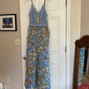 Lovely summer jumpsuit with crochet blue top and light breezy bottom